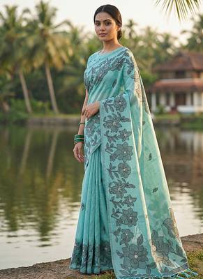 Sky blue floral printed linen blend saree with matching blouse piece 3