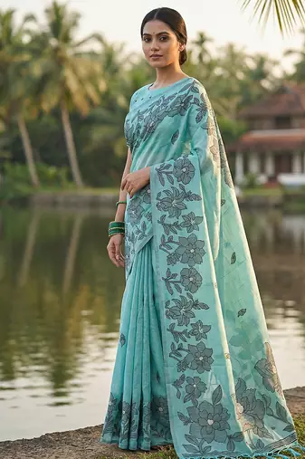 Sky blue floral printed linen blend saree with matching blouse piece
