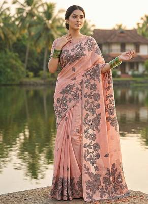Peach floral printed linen blend saree with matching blouse piece 1