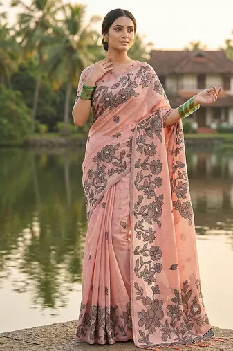 Peach floral printed linen blend saree with matching blouse piece