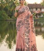Peach floral printed linen blend saree with matching blouse piece