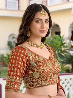 Catching Rust Orange Dori, Zari, and Sequins Embroidered Rangoli Silk mehendi ceremony wear lehenga 2