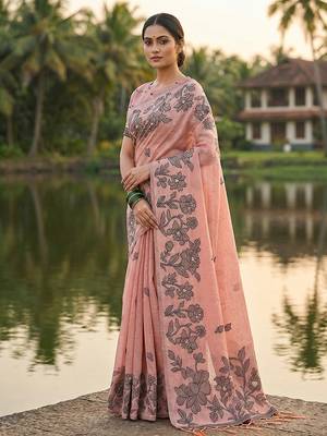Peach floral printed linen blend saree with matching blouse piece 3