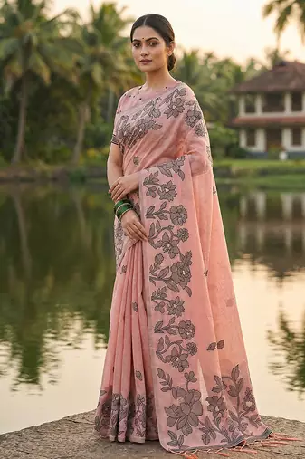 Peach floral printed linen blend saree with matching blouse piece