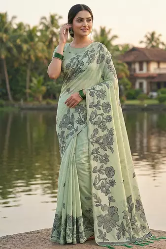 Mint green floral printed linen blend saree with matching blouse piece