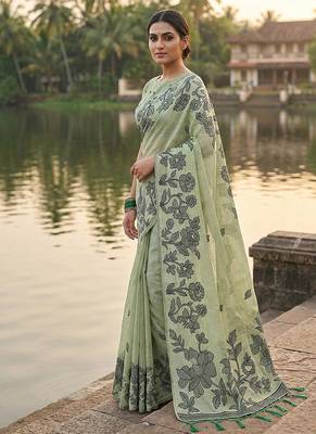 Mint green floral printed linen blend saree with matching blouse piece 3