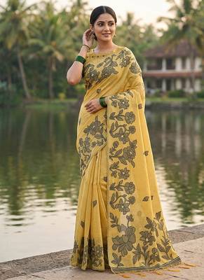 Mustard floral printed linen blend saree with matching blouse piece 1