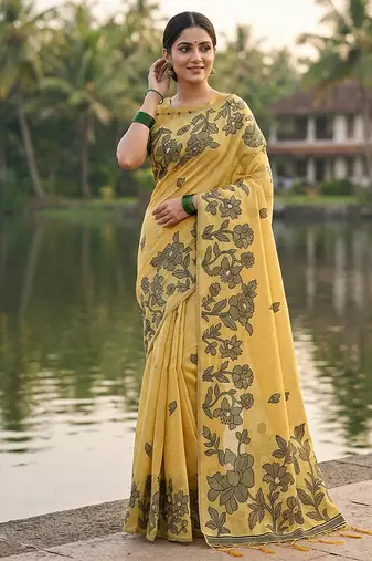 Mustard floral printed linen blend saree with matching blouse piece