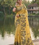 Mustard floral printed linen blend saree with matching blouse piece