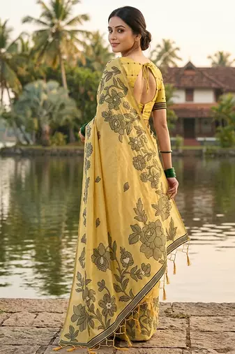 Mustard floral printed linen blend saree with matching blouse piece