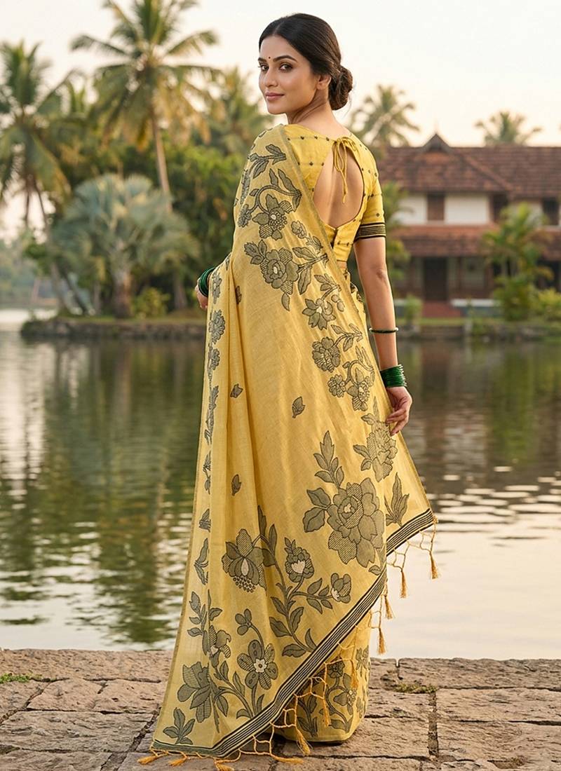 Mustard floral printed linen blend saree with matching blouse piece