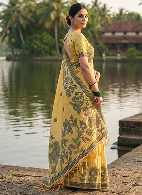 Mustard floral printed linen blend saree with matching blouse piece 3