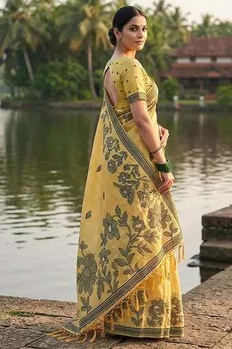 Mustard floral printed linen blend saree with matching blouse piece