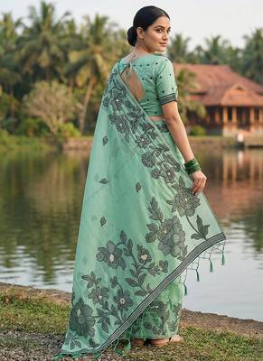 Sea green floral printed linen blend saree with matching blouse piece 2