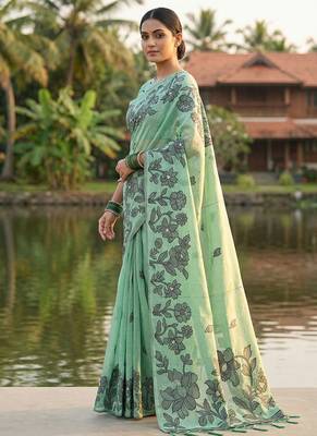 Sea green floral printed linen blend saree with matching blouse piece 3