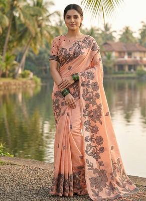 Peach floral printed linen blend saree with matching blouse piece 1