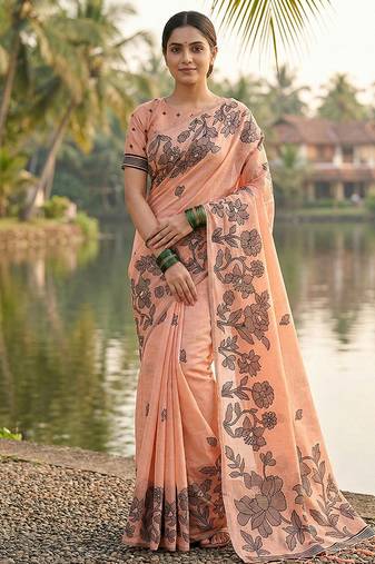 Peach floral printed linen blend saree with matching blouse piece