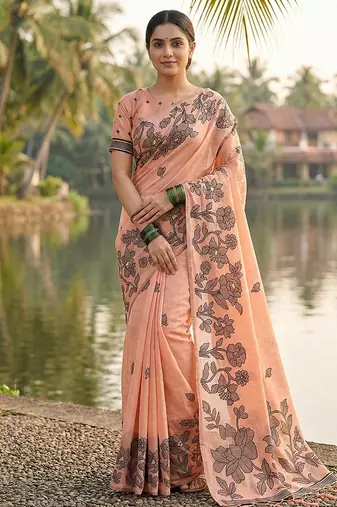 Peach floral printed linen blend saree with matching blouse piece