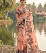 Peach floral printed linen blend saree with matching blouse piece