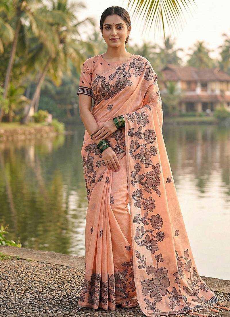 Peach floral printed linen blend saree with matching blouse piece