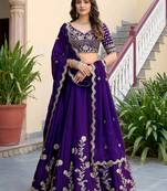 Delightful Deep Purple Dori, Zari, and Sequins Embroidered Rangoli Silk Indian party wear lehenga