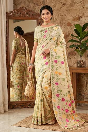 Cream linen cotton blend saree with floral print