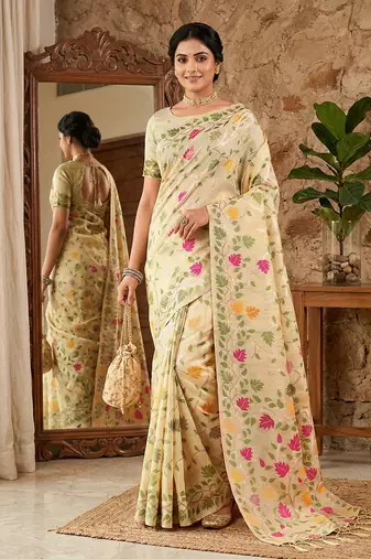 Cream linen cotton blend saree with floral print
