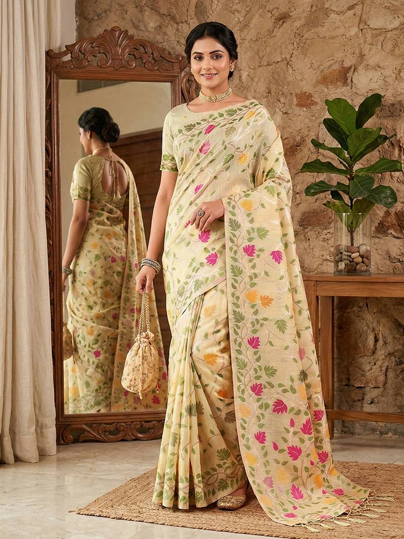 Cream linen cotton blend saree with floral print