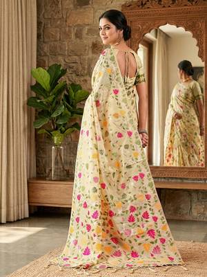 Cream linen cotton blend saree with floral print 2
