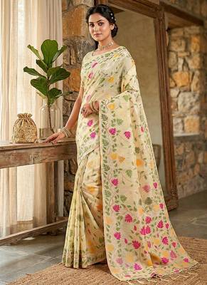 Cream linen cotton blend saree with floral print 3