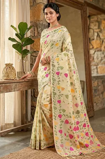 Cream linen cotton blend saree with floral print