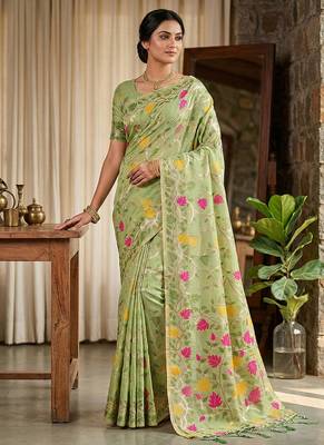 Light green linen cotton blend saree with floral print 1
