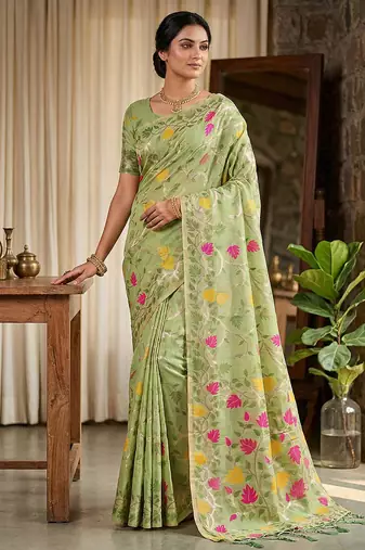 Light green linen cotton blend saree with floral print