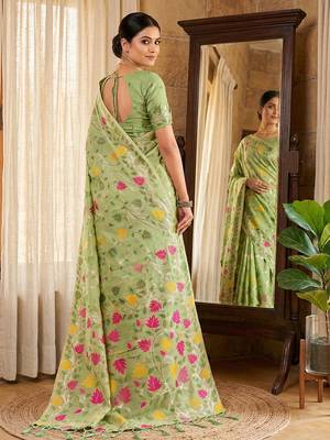 Light green linen cotton blend saree with floral print 2