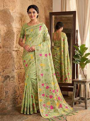 Light green linen cotton blend saree with floral print 3
