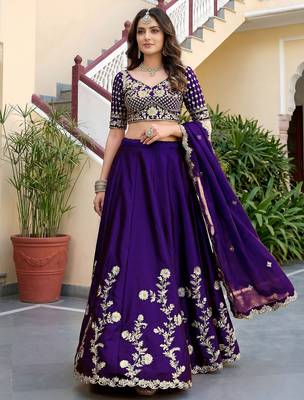 Delightful Deep Purple Dori, Zari, and Sequins Embroidered Rangoli Silk Indian party wear lehenga 4