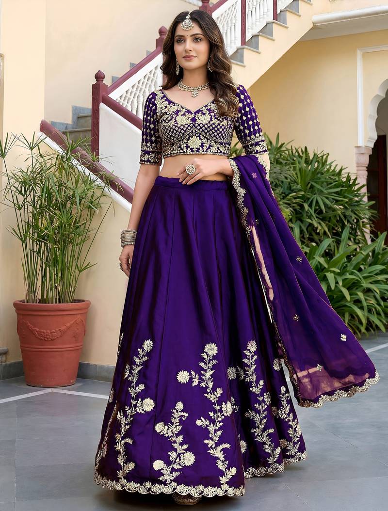 Delightful Deep Purple Dori, Zari, and Sequins Embroidered Rangoli Silk Indian party wear lehenga