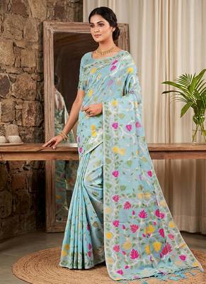 Sky blue linen cotton blend saree with floral print 1
