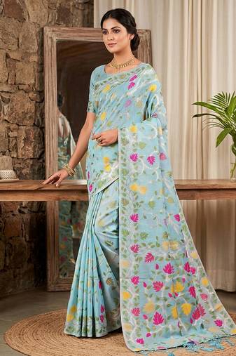 Sky blue linen cotton blend saree with floral print