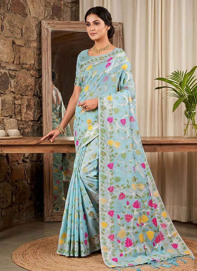 Sky blue linen cotton blend saree with floral print