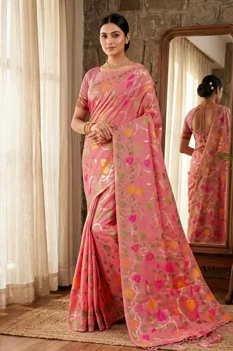 Onion pink linen cotton blend saree with floral print