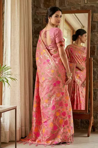 Onion pink linen cotton blend saree with floral print