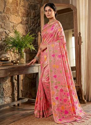 Onion pink linen cotton blend saree with floral print 3