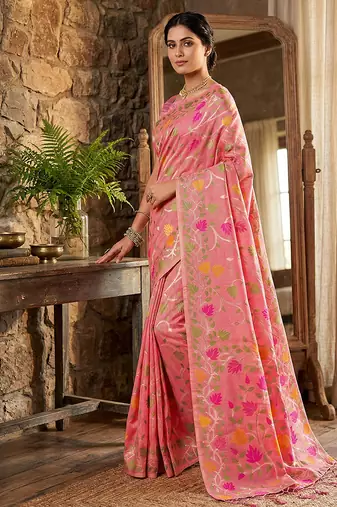Onion pink linen cotton blend saree with floral print
