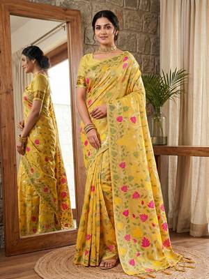 Mustard linen cotton blend saree with floral print 1