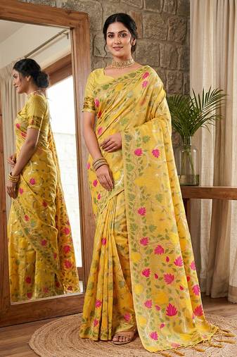 Mustard linen cotton blend saree with floral print
