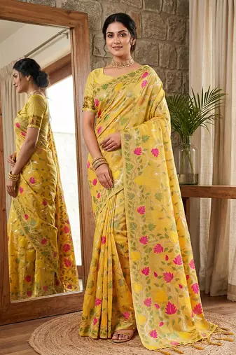Mustard linen cotton blend saree with floral print