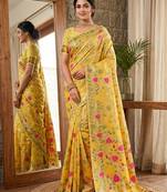 Mustard linen cotton blend saree with floral print