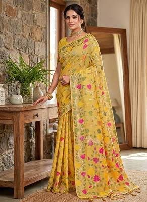 Mustard linen cotton blend saree with floral print 3