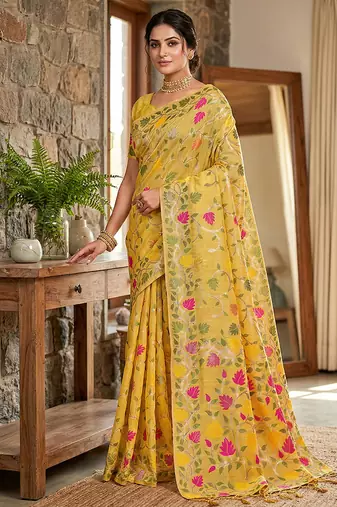 Mustard linen cotton blend saree with floral print